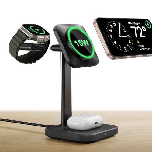 ESR 3 in 1 Wireless Charging Station, [Certified] Apple Watch Charger & 15W MagSafe Charger Stand for iPhone, Wireless Charger for Multiple Devices iPhone 17-12&Watch&AirPods,Black