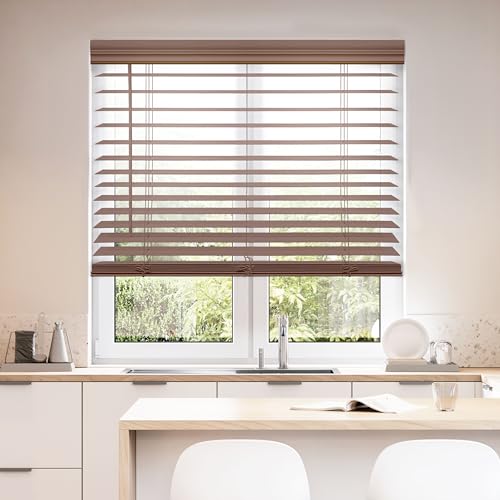 DEZ FURNISHINGS Cordless 2" Faux Wood Blind, 30" W x 60" H, Dark Oak