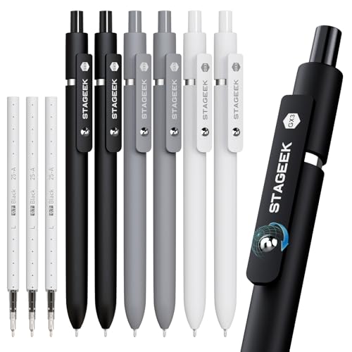 STAGEEK Black Gel Pens GX3, 6Pcs Fine Point Smooth Writing Pens with 3 Extra Refills, Black Ink Pens for Journaling, Office, Note Taking, School Supplies, Nurse Aesthetic(Black Gray White)