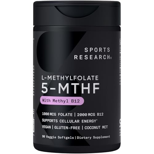 Sports Research® Methyl Folate + B12-1000 mcg L-Methylfolate & 2000 mcg Methylcobalamin for Cellular Energy Support - Vegan B12 w/Coconut MCT Oil - Non-GMO, Gluten Free - 90 Veggie Softgels