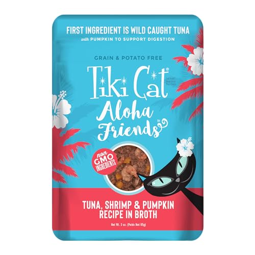 Tiki Cat Aloha Friends Grain-Free, Low-Carbohydrate Wet Food with Flaked Tuna for Adult Cats & Kittens, 3oz pouch, 12pk, Tuna, Shrimp & Pumpkin