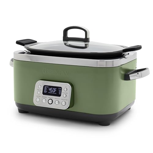 GreenPan Elite 14-in-1 Nonstick 6QT Electric Slow Cooker, PFAS-Free Ceramic Multi-Cooker, In-Pot Browning, Dishwasher Safe Lid & Removable Crock, Stainless Steel Steamer, Silicone Handles, Sage Green