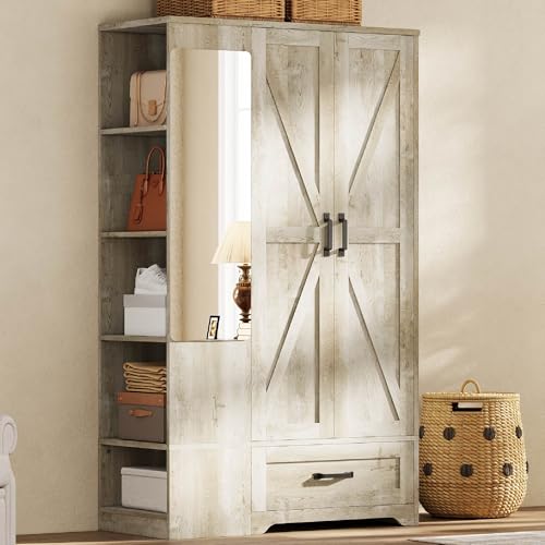 LIKIMIO Armoire Wardrobe Closet 70 Inches, Large Storage with Mirror, 2 Doors, Drawer, and Shelves, Modern Bedroom Freestanding Wooden Wardrobe Combination with Hanging Rail, Rustic Maple
