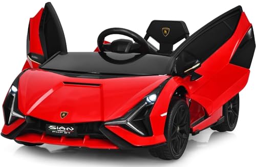 INFANS 12V Licensed Lamborghini Sian Kids Ride On Car with Parent Remote Control, Spring Suspension, MP3 Player, Electric Toy Roadster Carbon Fiber Textured for Toddler (Red)