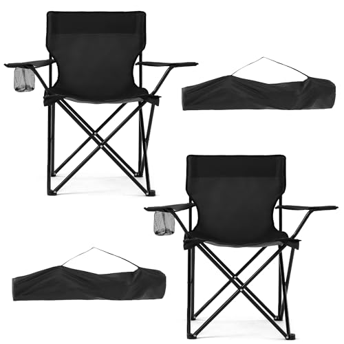 Canpsky 2 Pack Lightweight Folding Camping Chairs, Outdoor Lawn Beach Chair with Cup Holder & Carry Bag for Travel, Fishing, Picnic, Backyard, Hiking (Black, Medium)