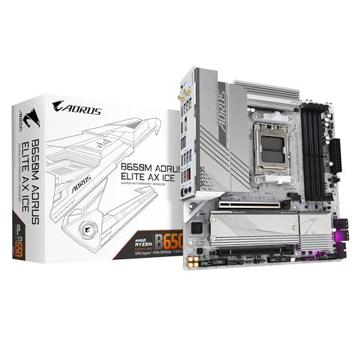 GIGABTE B650M AORUS Elite AX ICE AMD AM5 mATX Motherboard, Support Ryzen 9000/8000/7000 Series, DDR5, 12+2+2 Power Phase, PCIe 5.0 M.2, USB-C 3.2 Gen 2, WIFI6E, 2.5 GbE, EZ-Latch, Q-Flash, RGB Fusion