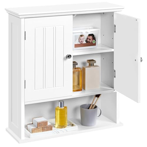 Yaheetech Bathroom Wall Cabinet with 2 Doors, 8" Deep Wall Mounted Medicine Cabinet with Adjustable Shelf and Open Compartment, Space-Saving Storage Organizer for Living Room, Kitchen, Laundry