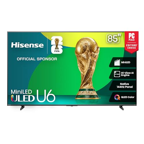 Hisense 85" Class U6 Series Mini-LED 4K UHD Smart Fire TV (85U65QF, 2025 Model) - QLED, Native 144Hz, HDR10+, Dolby Vision IQ, Dolby Atmos, Game Mode Pro, ALLM, Alexa Built in, Black