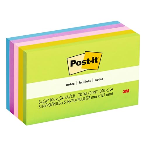 Post-it Notes, 3x5 in, 5 Pads, America's #1 Favorite Sticky Notes, Floral Fantasy Collection, Bold Colors (Green, Yellow, Orange, Purple, Blue), Clean Removal, Recyclable (655-5UC)