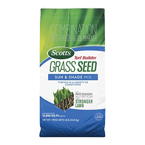 Scotts Turf Builder Grass Seed Sun and Shade Mix - Grass Seed Plus Lawn Fertilizer and Soil Improver, Covers Up To 12,800 sq. ft., 32 lb.