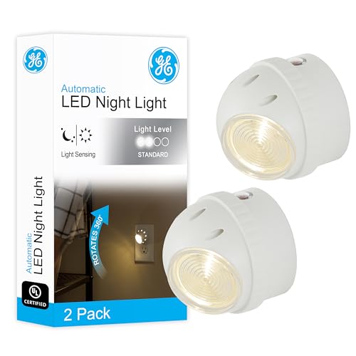 GE Rotating Plug in Night Light, Home Decor, Apartment Essentials, LED Lights for Bedroom, Ambient Lighting, Dusk to Dawn Sensor, Nightlight, Bathroom, Dorm Room, 2 Pack 50331