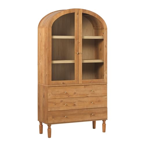 Walker Edison Darci Modern Arched Bookshelf Cabinet with Glass Doors and Lower Drawers, 74 Inch, English Oak