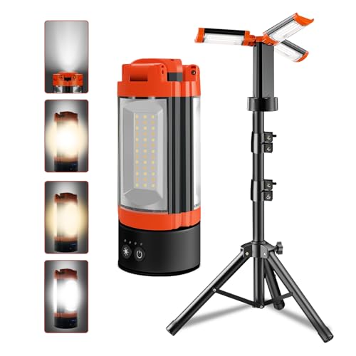 YKXJM Rechargeable Camping Light with Adjustable Stand, 9000mAh Cordless Work Light with 3 LED Lamp Heads, 2200 Lumens Camping Essentials Gear Emergency Flashlight with Detachable Tripod