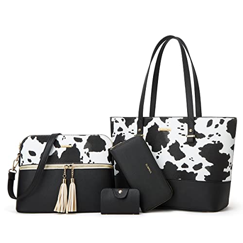 Women Fashion Handbags Wallet Tote Bag Shoulder Bag Top Handle Satchel Cow Print Purse Set 4pcs
