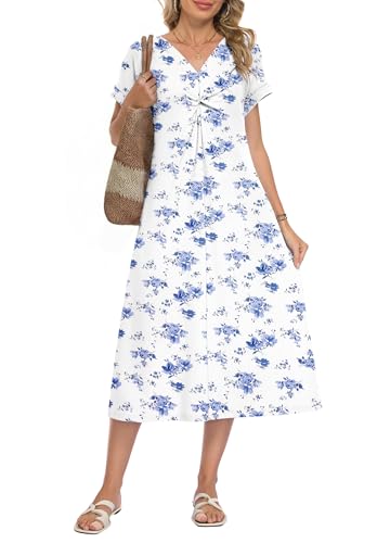 WNEEDU Women Summer Midi Dress Twist Front V Neck Short Sleeve Loose Casual Pockets,Blue Floral Elegance,M