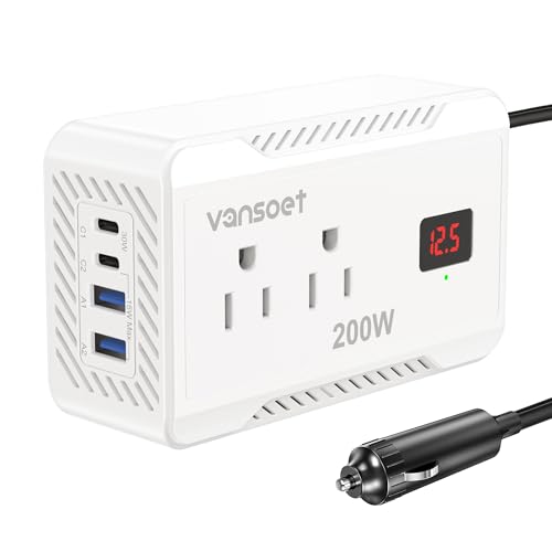 Vansoet 200W Car Power Inverter DC 12V to 110V AC Converter with [PD 30W & 15W] Fast Charging USB C/3.0A Dual USB Charging Ports, Car Outlet Adapter for Phone, Laptop on Road Trip (White)