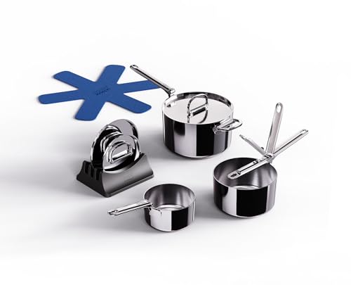 Joseph Joseph Space Steel 6-Piece Stainless Steel Sauce Pan Set with Lids, Nesting with Folding Handles, Induction & Oven Safe