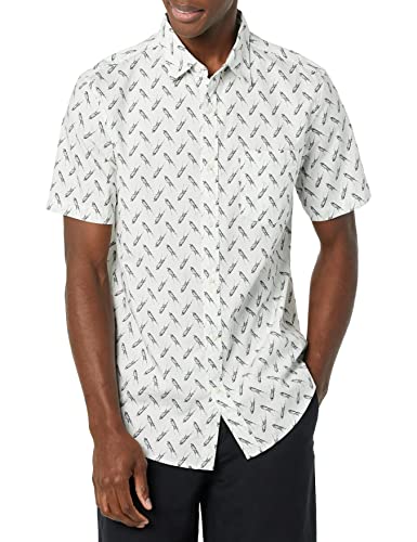 Amazon Essentials Men's Short Sleeve Dress Shirt with Stretch, Charcoal White Vertical Stripe (Available in Big & Tall), Light Blue Bird Print, X-Small