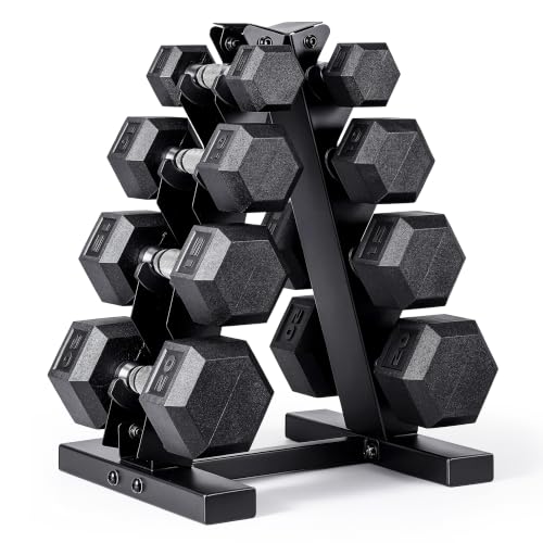 CAP 100 lb Rubber Coated Hex Dumbbell Set with Vertical Rack, Space-Saving A-Frame Storage for Home Gym Strength Training, Chrome Handle