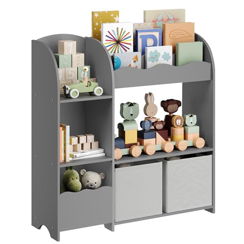 SONGMICS Toy and Book Organizer for Kids, Kids Bookshelf and Toy Storage, Storage Organizer with 2 Storage Boxes, for Playroom, Children's Room, Living Room, Dove Gray UGKR042G01