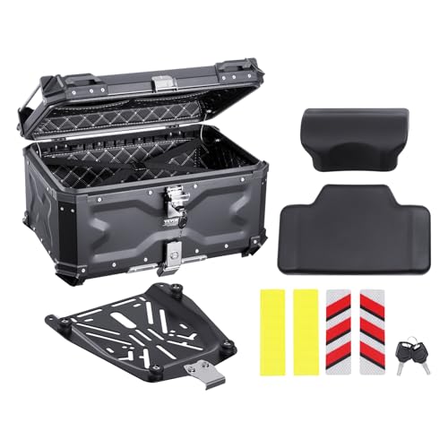 VEVOR Motorcycle Top Case 65L, Universal Aluminum Alloy Motorbike Tail Box with Leather Lining, Waterproof Detachable Motorcycle Top Box with Lock & Back Cushion, Fit for 99% of Motorcycle Frames