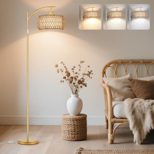 ROTTOGOON Rattan Floor Lamps for Living Room, Boho Standing Lamps with Rattan& Linen Double Shades, Arc Lamps Floor Standing with 9W Bulb, Foot Switch, Bohemian Floor Lamps for Bedroom, Office-Gold