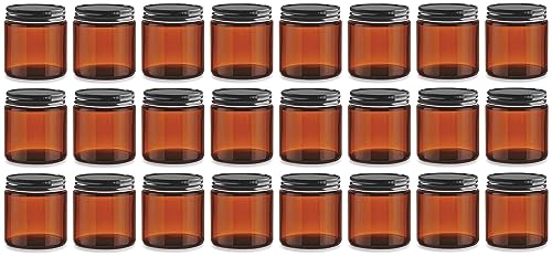 North Mountain Supply 4 Ounce Amber Glass Straight Sided Mason Canning Jars - with 58mm Black Metal Lids - Case of 24