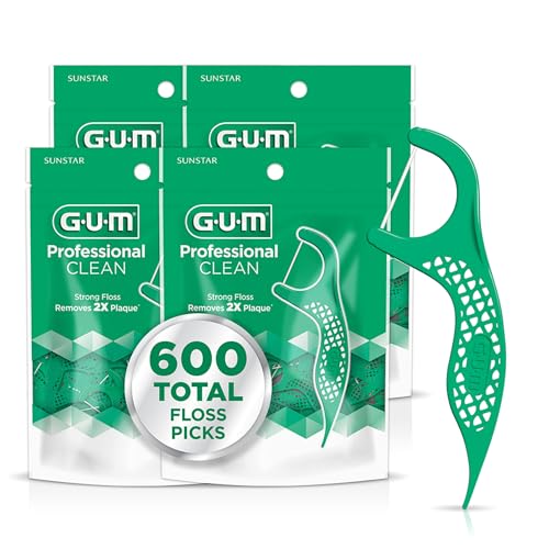 GUM Professional Clean Dental Floss Picks, Extra-Strong Shred-Resistant Floss with Easy-Grip Handle, Fresh Mint Flavor, 150 Count (Pack of 4) 600 Total