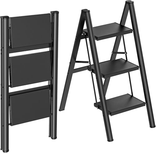 HBTower 3 Step Ladder, Lightweight Aluminum Folding Step Stool, Step Stool Foldable with Wide Anti-Slip Pedal, 330lbs Capacity for Home and Kitchen, Black