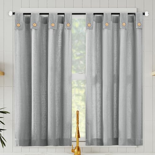 Archaeo Cotton Blend Button Tab Top Curtains, Cafe Curtain Pair, 54" x 36, Gray