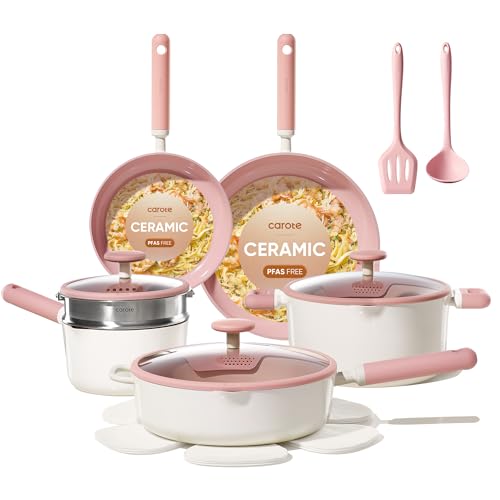 CAROTE Ceramic Cookware Set Nonstick, 15pcs Pots and Pans Set Non stick, Non Toxic Cookware,Dishwasher,RV/Camping Cookware Set, Pan and Pot with Kitchen Utensils, Pink
