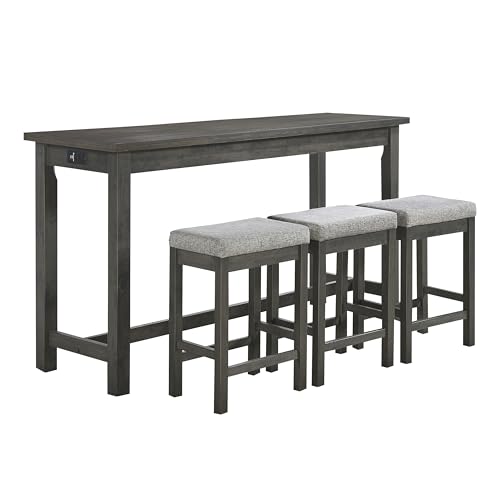 Lexicon 4-Piece Counter Height Table with 3 Stools, Wood Kitchen Counter Table Set with 2 Built-in USB Ports, 2 Charging A/C Power Outlets, Console Drawer, Upholstered Bar Stools, Gray