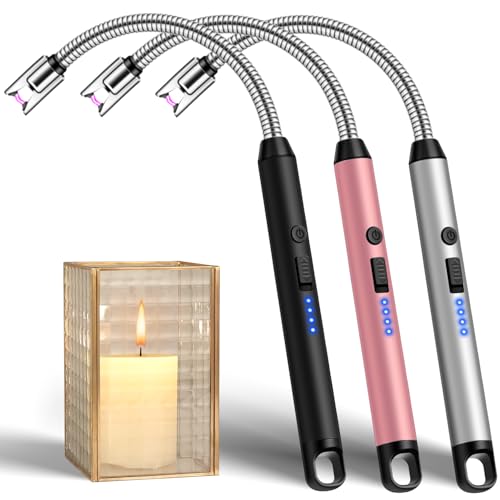 LcFun 3 Pack Electric Candle Lighter Windproof USB Rechargeable Plasma Lighter with LED Battery Display, Flameless Long Arc Lighters for Candle Grill BBQ Camping Stove (Black,Silver,Pink)