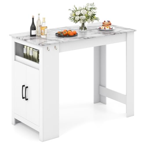 COSTWAY Bar Table, Modern Faux Marble Breakfast Table with 7 Hanging Hooks, Open Compartment, Storage Cabinet & Adjustable Shelf, Counter Height Dining Table for Kitchen, Dining Room, Living Room