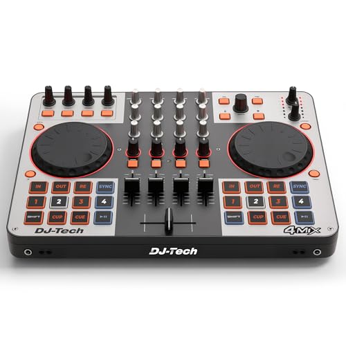 DJ Tech DJ Controller, USB MIDI 4-Deck Control with Integrated Soundcard, 4-Channel Mixer with EQ & Filters, Illuminated Performance Pads, FX Controls, Deck Select Buttons, VirtualDJ LE Included