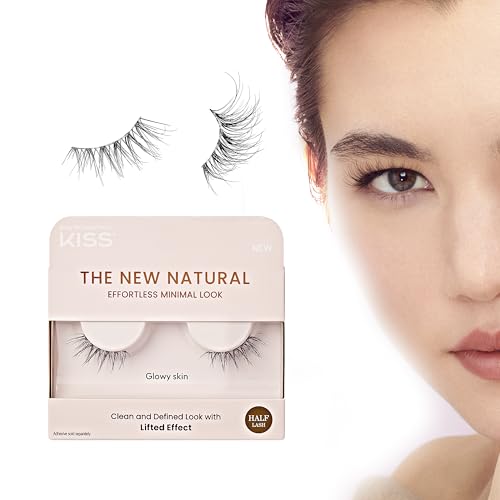 KISS The New Natural False Eyelashes, 'Glowy Skin', 12 mm, Natural Volume, Easy to Apply, Reusable Fake Eyelashes, Vegan & Cruelty Free, Includes 1 Pair Of Half Lashes