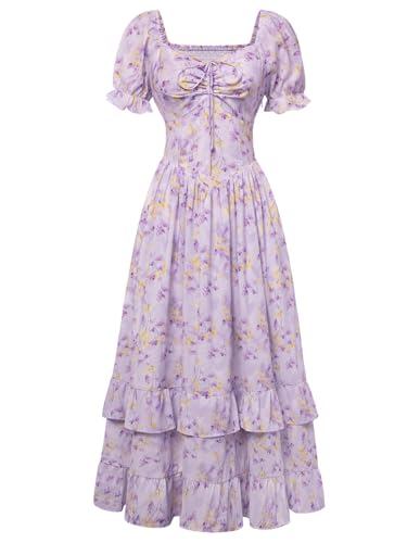 Women Floral Maxi Dress Puff Sleeve Tea Party Corset Dress Purple L