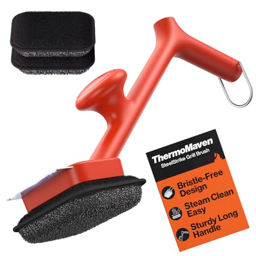 ThermoMaven Bristle-Free BBQ Grill Brush - No Wire Risk Steam Cleaner Removes Burnt Grease Fast - 17" Cool-Touch Handle, Scraper & 3 Replaceable Heads for Gas, Charcoal & Cast Iron