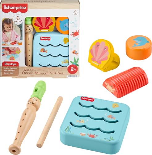 Fisher-Price Wood Toddler Toys Ocean Musical Instruments Set, 6 Wooden Pieces for Creative Play Preschool Kids Ages 2+ Years