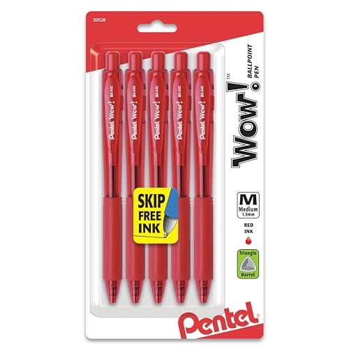 Pentel Wow! Retractable Ballpoint Pen, (1.0mm), Medium Line, Red Ink, Pack of 5 (BK440BP5B)