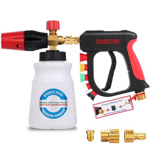 DUSICHIN Foam Cannon Short Pressure Washer Gun 1/4 Inch Quick Connector,Car Wash Foam Gun with 5 Pressure Washer Nozzle Tips 3/8'' Swivel Quick Connector,Additional Orifice Nozzle 1.04mm Car Washing