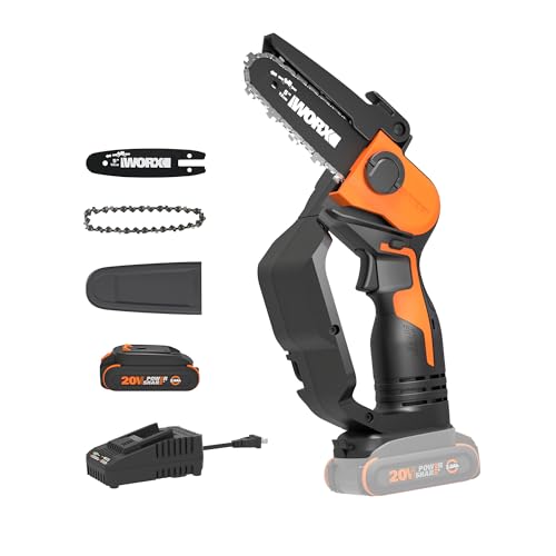 Worx 20V 5" Mini Cordless Chainsaw, 3.9 lbs, 22 ft/s Chain Speed, Power Share Battery, Upper & Hand Guard WG324 - Battery & Charger Included