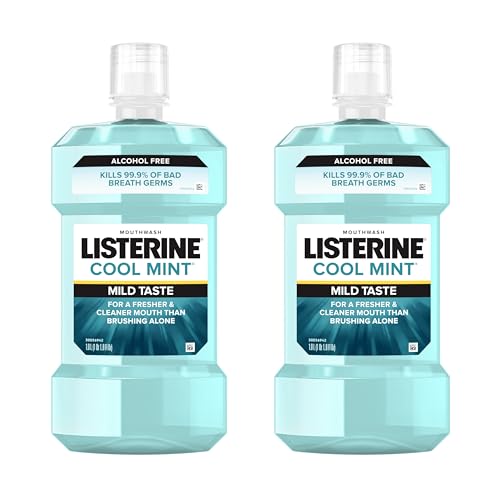 Listerine Cool Mint Alcohol-Free Mild Mouthwash, Oral Rinse Kills 99.9% of Germs that Cause Bad Breath, Less Intense Taste, Mild Mint Flavor, 1 L (Pack of 2)