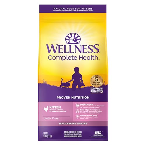 Wellness Complete Health Kitten Dry Cat Food, Natural, Wholesome Grains Kibble, Turkey, Turkey Meal and Chicken Recipe, 5 lb Bag