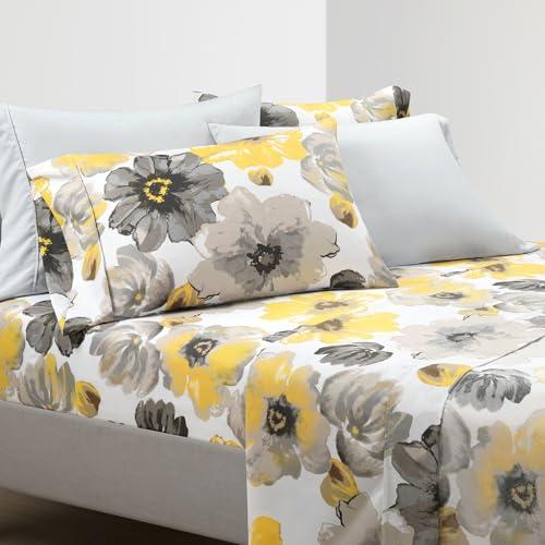 Lush Decor Leah Soft Floral Sheet Set, 6 Piece Set, Queen, Yellow & Gray- Queen Size Sheet Set - Printed Bedding - Watercolor Florals - Farmhouse Décor