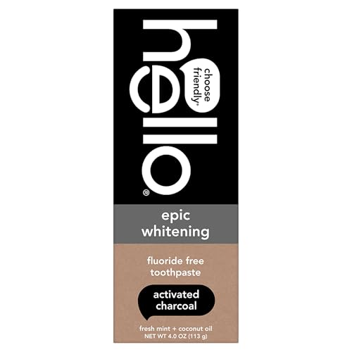hello Epic Whitening Charcoal Fluoride Free Toothpaste, Activated Charcoal Toothpaste with Coconut Oil, Whitens Teeth Naturally, SLS Free, Fresh Mint, 4.0 Oz Tube