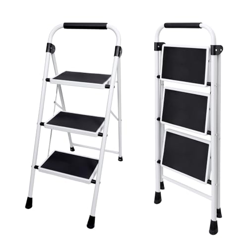 OLIXIS Step Ladder, 3 Sturdy Step Stool with Anti-Slip Pedal & Comfortable Handrail, Portable Heavy Duty Step Stool for Kitchen, Garage & Outdoor Use, 330lbs, Black