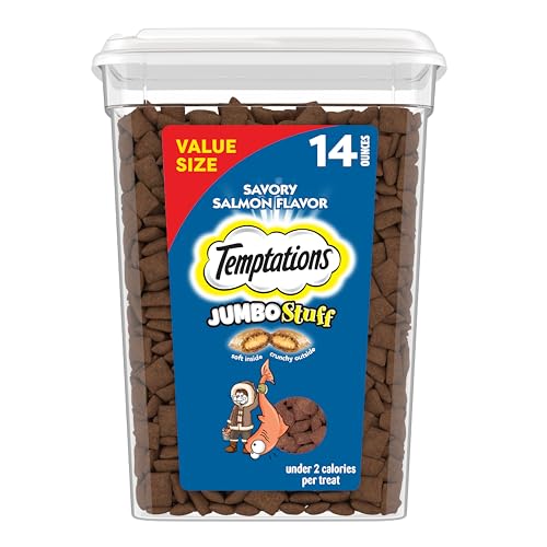Temptations Jumbo Stuffed Cat Treats, Crunchy and Soft Cat Treats, Savory Salmon Flavor, 14 oz. Tub