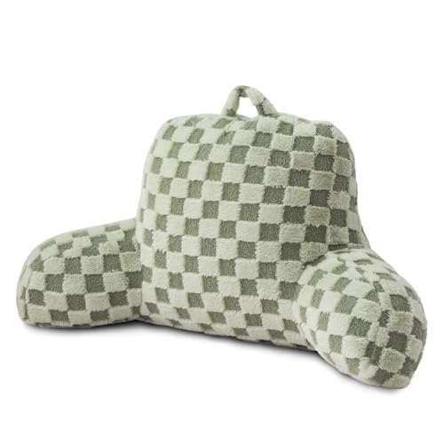 A Nice Night Faux Fur Reading Pillow,Checkered Fluffy Grid Plaid,Bed Wedge Pillow Large Adult Children Backrest with Arms for Bedrest,Green