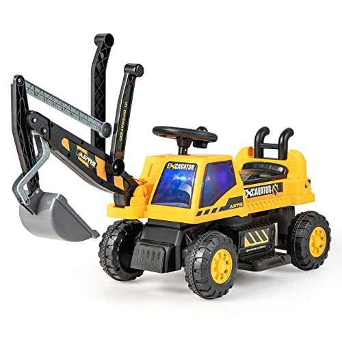 HONEY JOY Ride on Excavator, 6V Battery Powered Ride on Construction Vehicles for Kids, Under Seat Storage, Music, Rotatable Seat, Kids Digger Loader, Bulldozer Ride on Toy, Gift for Boys Girls